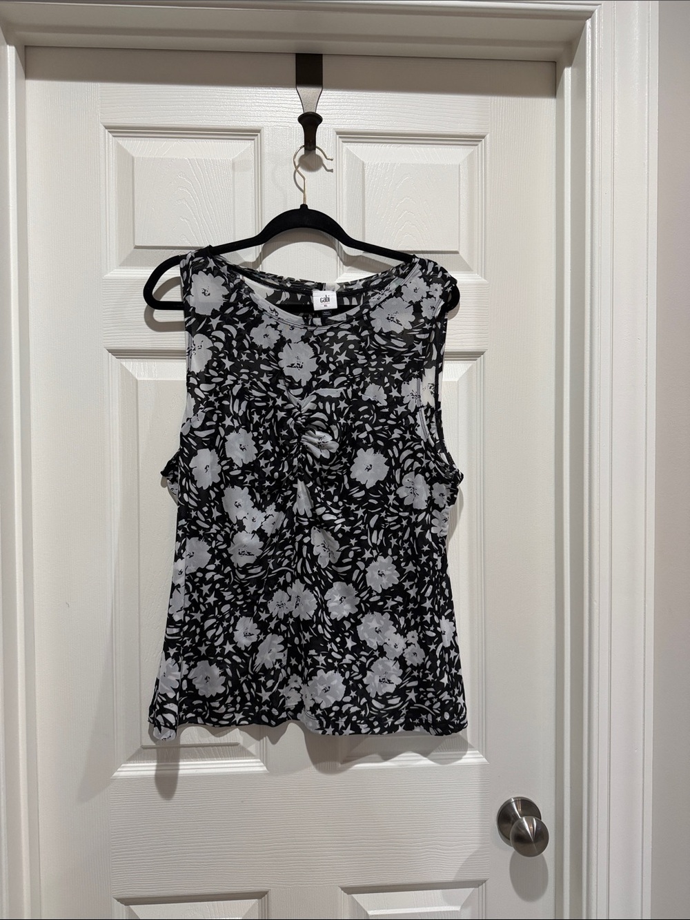 CAbi Black & White Floral Twist-Front Sleeveless Camisole